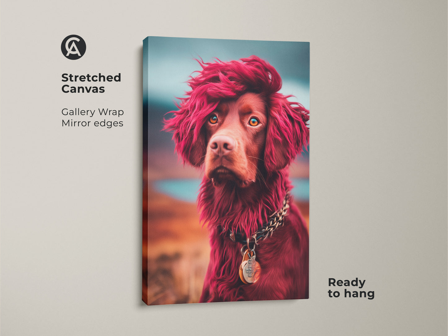 Stretched canvas print of a stylized dog portrait. This animal art features a red-haired brown dog with a chunky chain necklace. Gallery wrapped with mirrored edges. This eclectic artwork is ready to hang and enjoy.