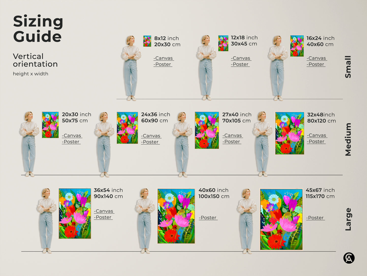 Sizing guide for vertical orientation: canvas and poster options. Small Medium and Large sizes available. Choose the perfect fit for your space with this abstract floral wall art. Find botanical beauty in every size. This boho art is perfect for any plant lover.