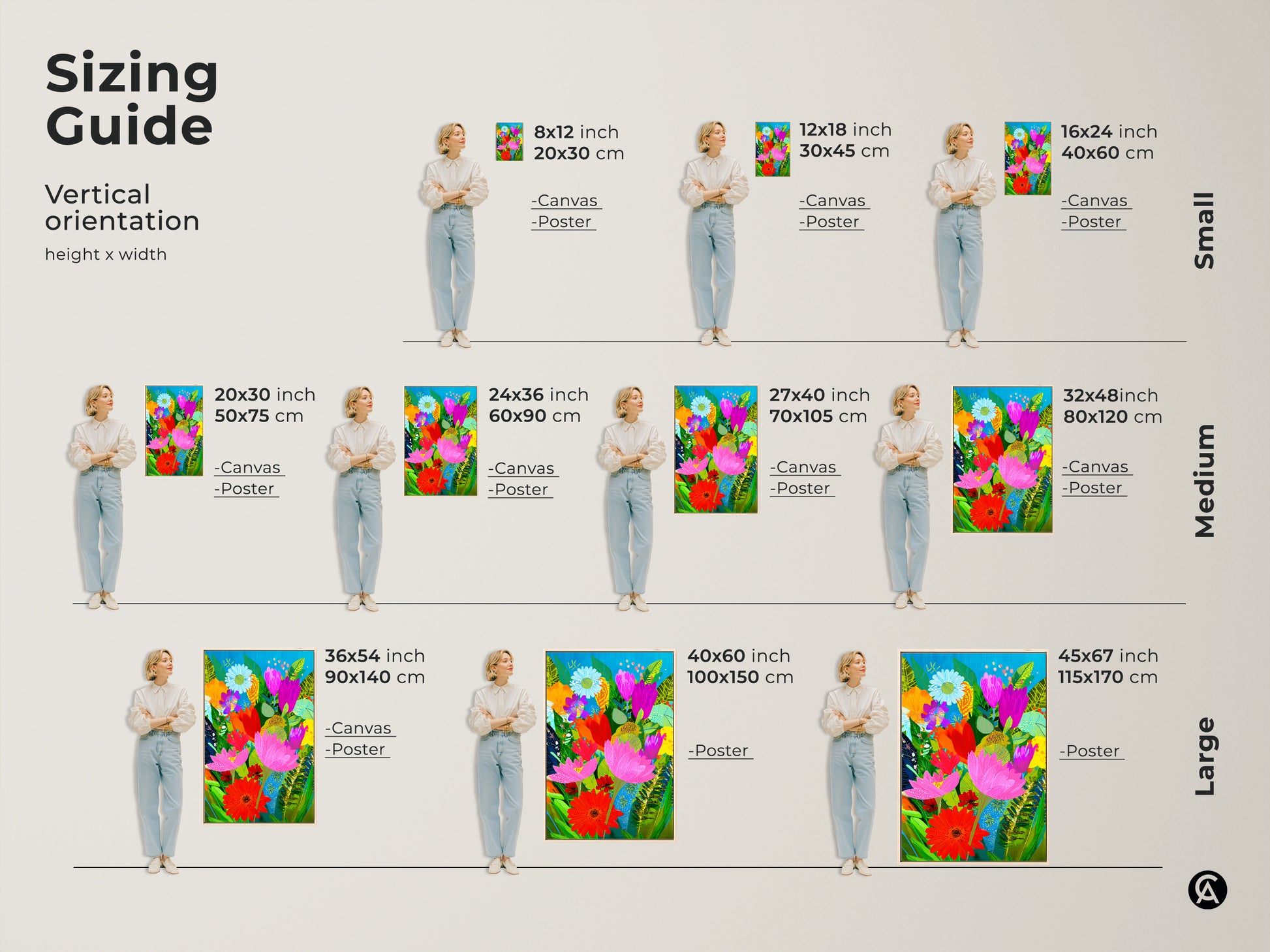 Sizing guide for vertical orientation: canvas and poster options. Small Medium and Large sizes available. Choose the perfect fit for your space with this abstract floral wall art. Find botanical beauty in every size. This boho art is perfect for any plant lover.