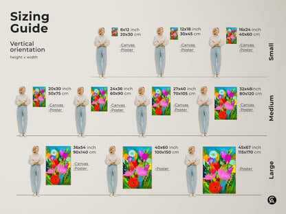 Sizing guide for vertical orientation: canvas and poster options. Small Medium and Large sizes available. Choose the perfect fit for your space with this abstract floral wall art. Find botanical beauty in every size. This boho art is perfect for any plant lover.