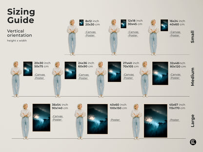 Sizing guide for vertical deep blue moonlit forest canvas and poster prints. Available sizes include 8x12 12x18 16x24 20x30 24x36 27x40 32x48 36x54 40x60 and 45x67 inches. Find the perfect fit for your misty landscape wall art and bedroom decor.