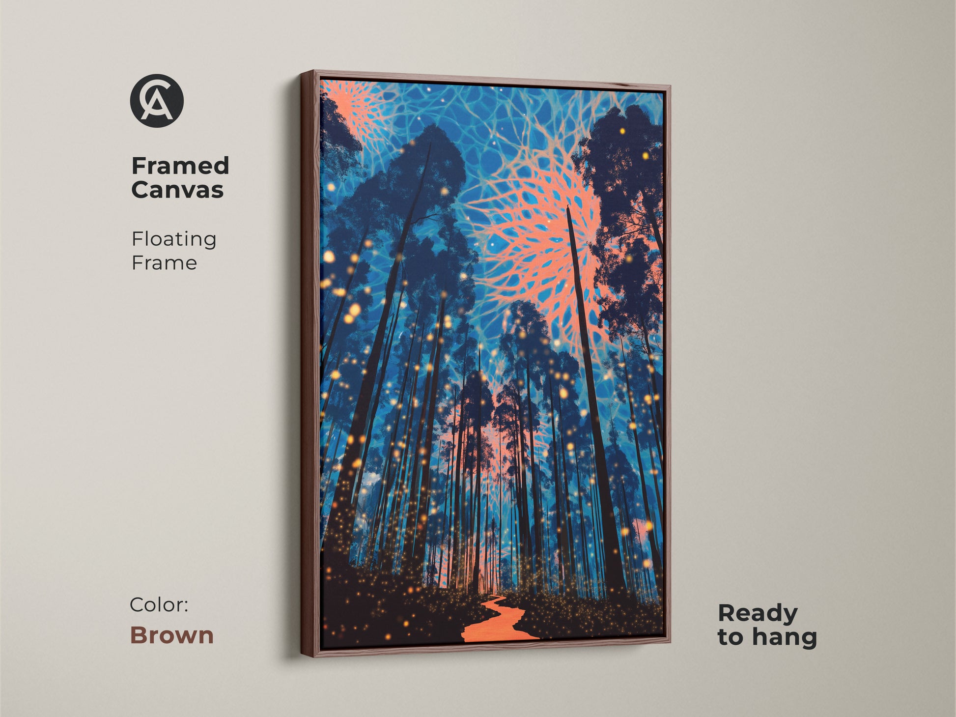 This framed canvas features a surreal forest art print with deep blue pine trees. The coral abstract elements and glowing lights create a fantasy scene. The brown floating frame adds warmth. Ready to hang it's perfect for eclectic and artistic home decor.