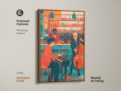 Antique Gold framed canvas with a floating frame showcasing jazz bar artwork. The retro jazz print features a pianist and double bass player. The orange and teal colors create a vibrant atmosphere. This eclectic music wall art is ready to hang adding a sophisticated touch to any space.