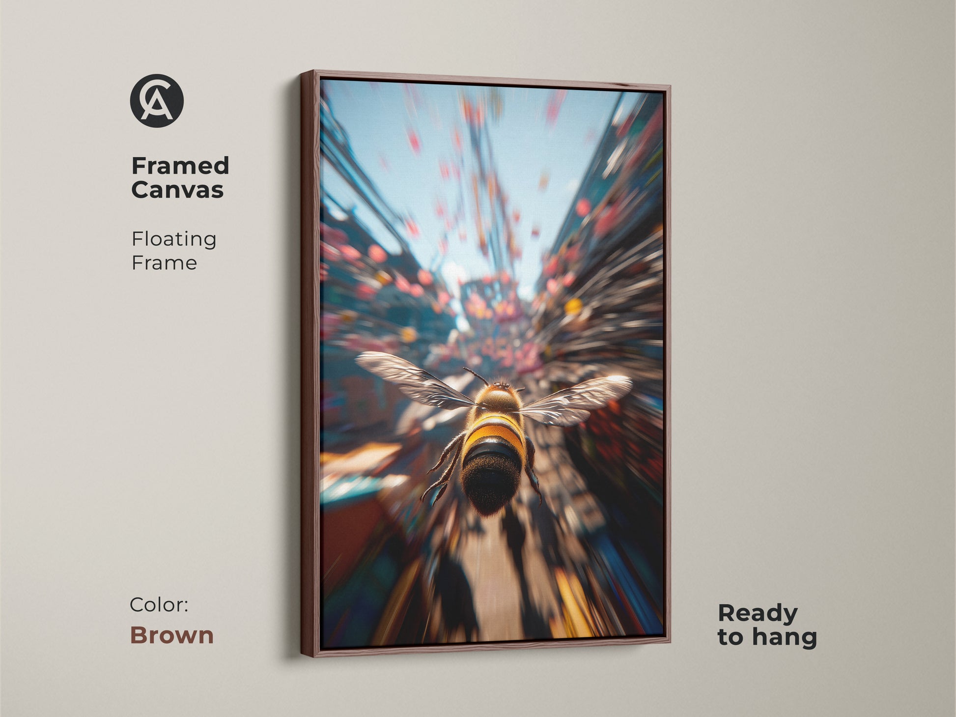Framed canvas art print with a brown floating frame. The art features a bee in flight. This artwork is ready to hang. Enhance your home with this modern nature-inspired art.