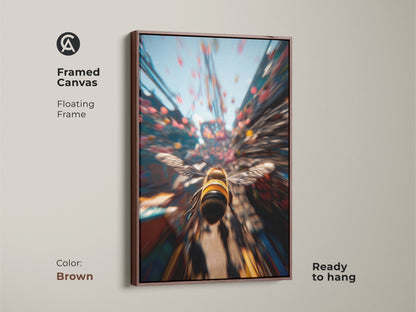 Framed canvas art print with a brown floating frame. The art features a bee in flight. This artwork is ready to hang. Enhance your home with this modern nature-inspired art.