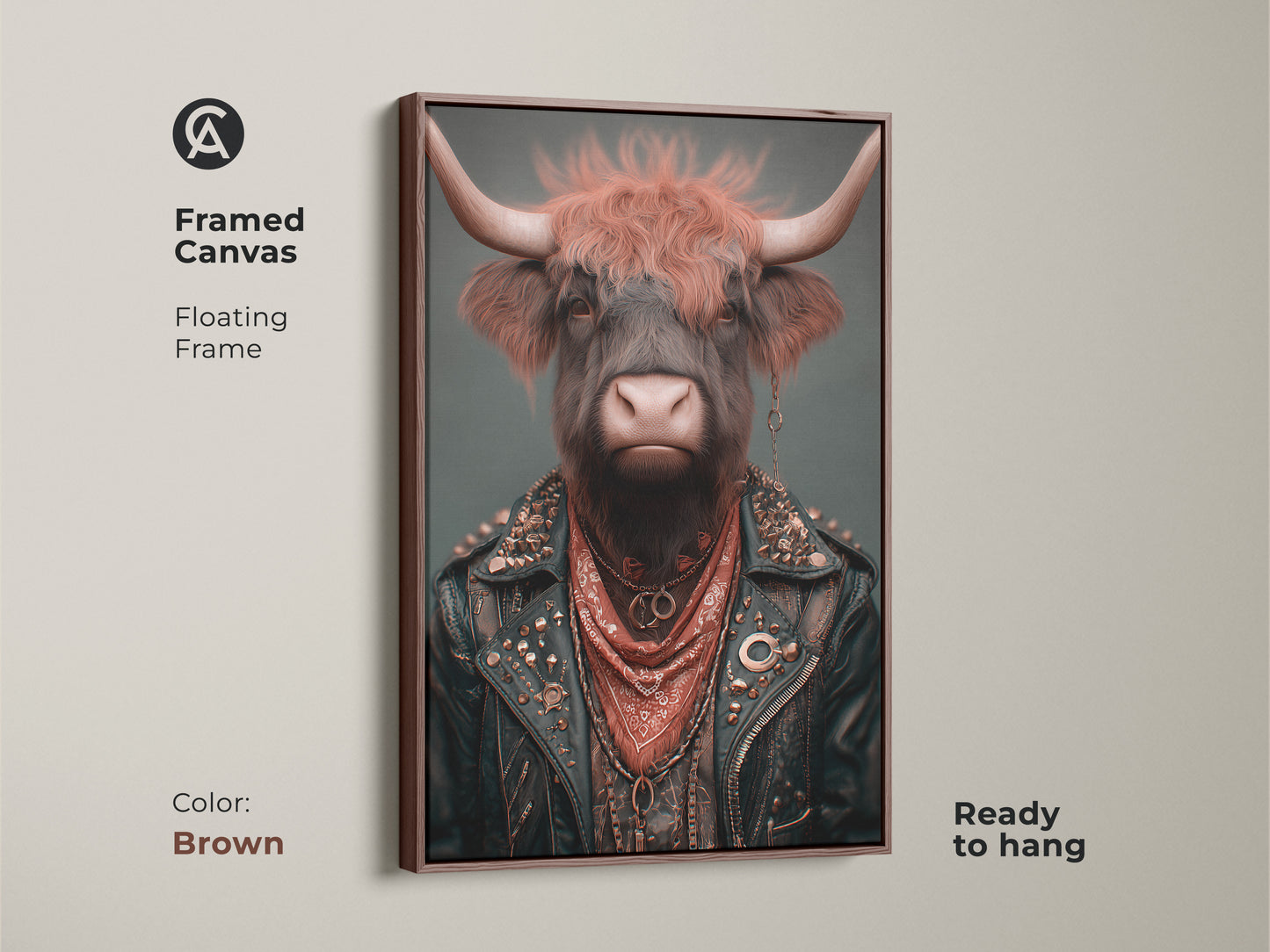 Framed canvas displaying a highland cow in biker attire. The warm brown frame enhances the rust brown and teal tones of this unusual home decor. This is a unique piece of animal dressed as human art.