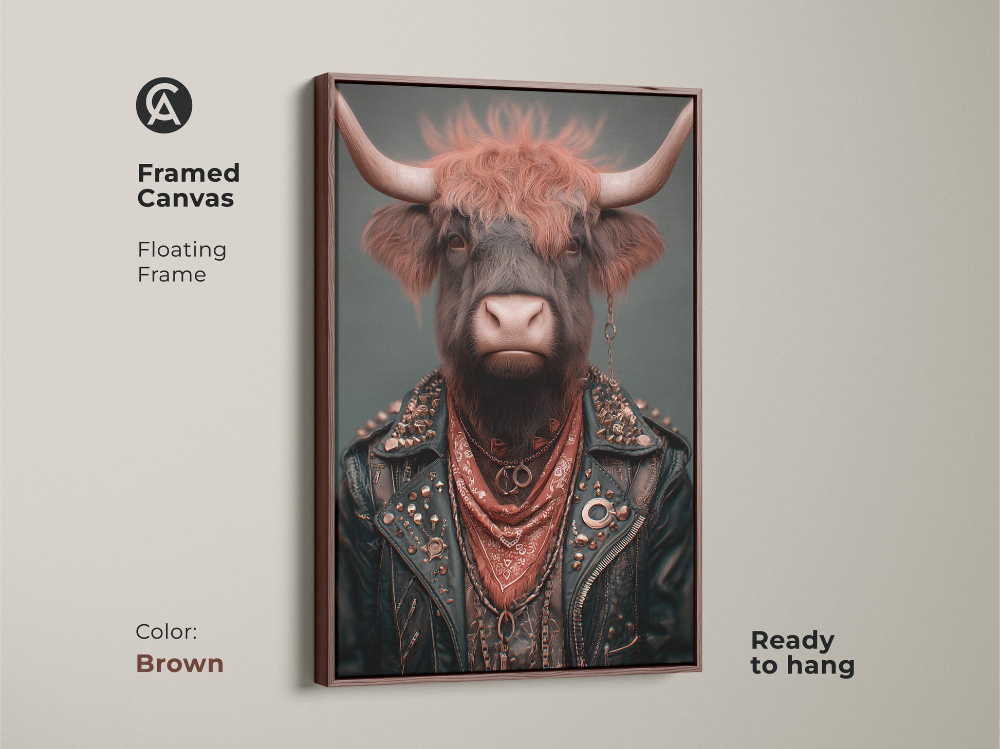 Framed canvas displaying a highland cow in biker attire. The warm brown frame enhances the rust brown and teal tones of this unusual home decor. This is a unique piece of animal dressed as human art.