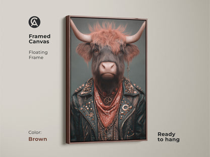 Framed canvas displaying a highland cow in biker attire. The warm brown frame enhances the rust brown and teal tones of this unusual home decor. This is a unique piece of animal dressed as human art.