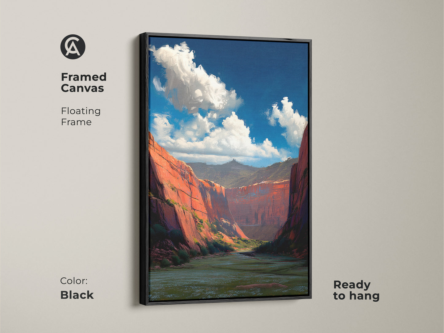 Framed canvas featuring a red rock canyon landscape. The floating frame adds a touch of elegance to this scenic nature artwork. This impressionistic art print is ready to hang. The black frame beautifully complements the desert scenery print. It is perfect for rustic bedroom decor.
