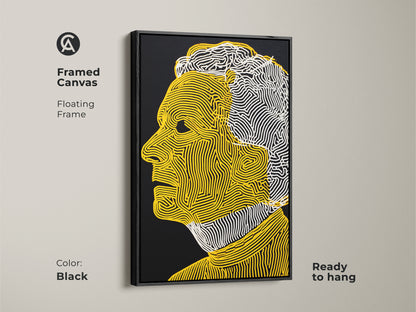Framed canvas art featuring a profile portrait. The black floating frame enhances the contemporary artwork. The yellow and white line art stands out against the black background. The canvas arrives ready to hang.