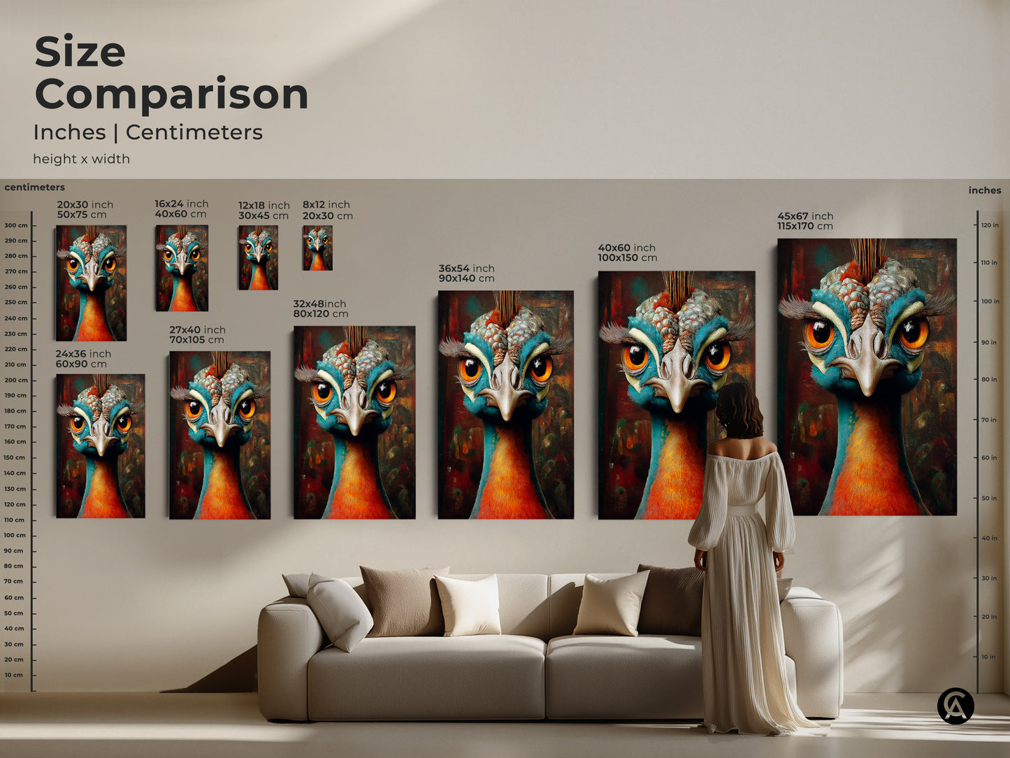 Size comparison guide in inches and centimeters for the teal orange peacock art. This fantasy peacock canvas is the perfect unique avian artwork. See how the print looks above a sofa.