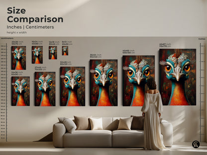 Size comparison guide in inches and centimeters for the teal orange peacock art. This fantasy peacock canvas is the perfect unique avian artwork. See how the print looks above a sofa.
