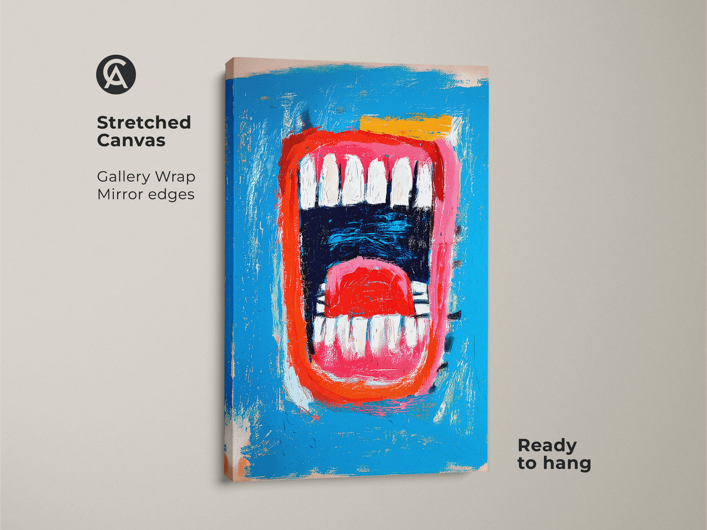 A stretched canvas print showcasing a mouth artwork. This gallery-wrapped canvas features mirror edges. The artwork pops with its vivid blue backdrop and expressive red mouth. It is a contemporary piece ready to hang.
