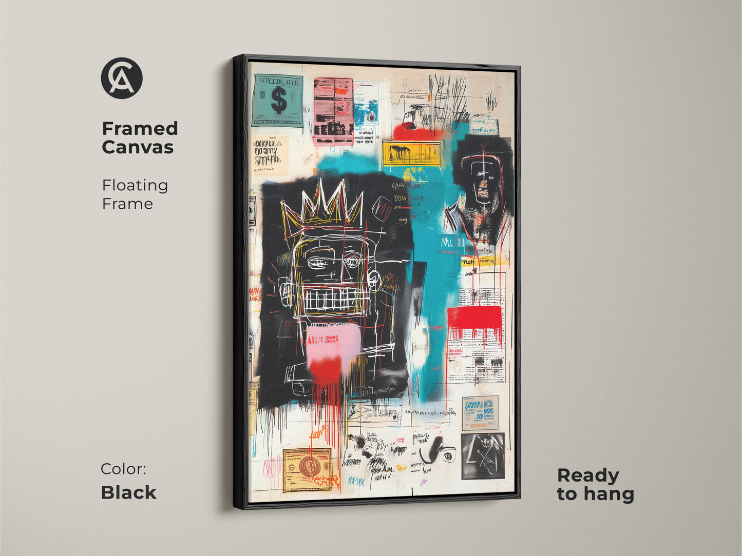 Framed canvas print of Basquiat's iconic artwork. Black floating frame complements the artwork. This ready-to-hang canvas print is perfect for any room. Shop now and add a modern touch to your home decor with this striking piece.