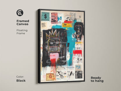 Framed canvas print of Basquiat's iconic artwork. Black floating frame complements the artwork. This ready-to-hang canvas print is perfect for any room. Shop now and add a modern touch to your home decor with this striking piece.