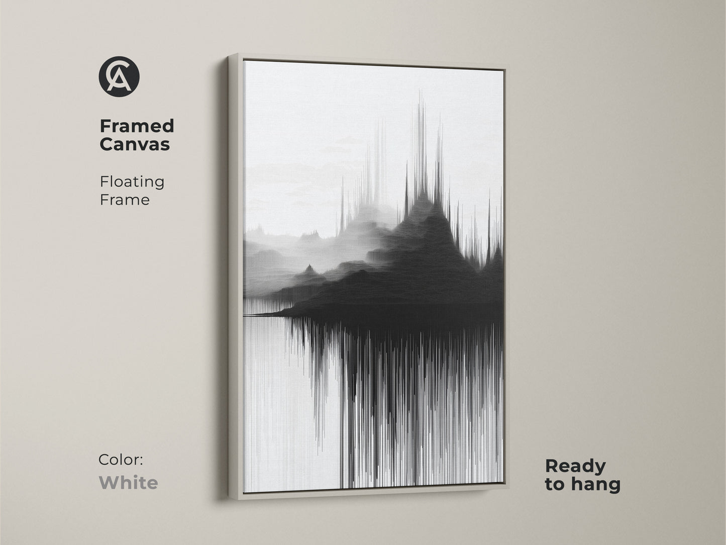White floating frame showcases the framed canvas and abstract soundwave mountain artwork. Contemporary landscape provides a sleek and modern appearance. This black and white wall art is ready to hang. Ideal for minimalist home office decor.