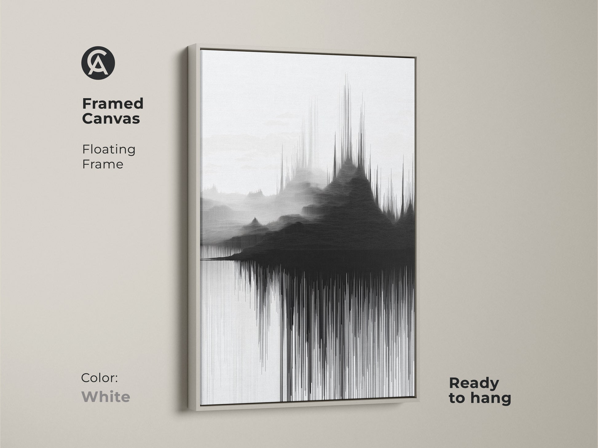 White floating frame showcases the framed canvas and abstract soundwave mountain artwork. Contemporary landscape provides a sleek and modern appearance. This black and white wall art is ready to hang. Ideal for minimalist home office decor.