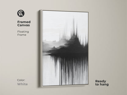 White floating frame showcases the framed canvas and abstract soundwave mountain artwork. Contemporary landscape provides a sleek and modern appearance. This black and white wall art is ready to hang. Ideal for minimalist home office decor.