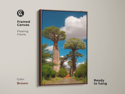 Framed canvas with realistic baobab trees and a brown floating frame. African landscape wall art that's ready to hang. This boho entryway decor adds a touch of nature. Perfect as a travel lovers gift. The photorealistic trees and blue sky create a stunning visual. A unique piece of nature artwork.