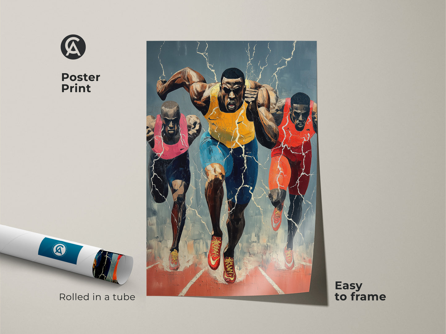 Poster print of a runner in expressionist style. Rolled in a tube for easy framing. Features dynamic sports action in yellow blue and red. Ideal art for runners and sports enthusiasts.