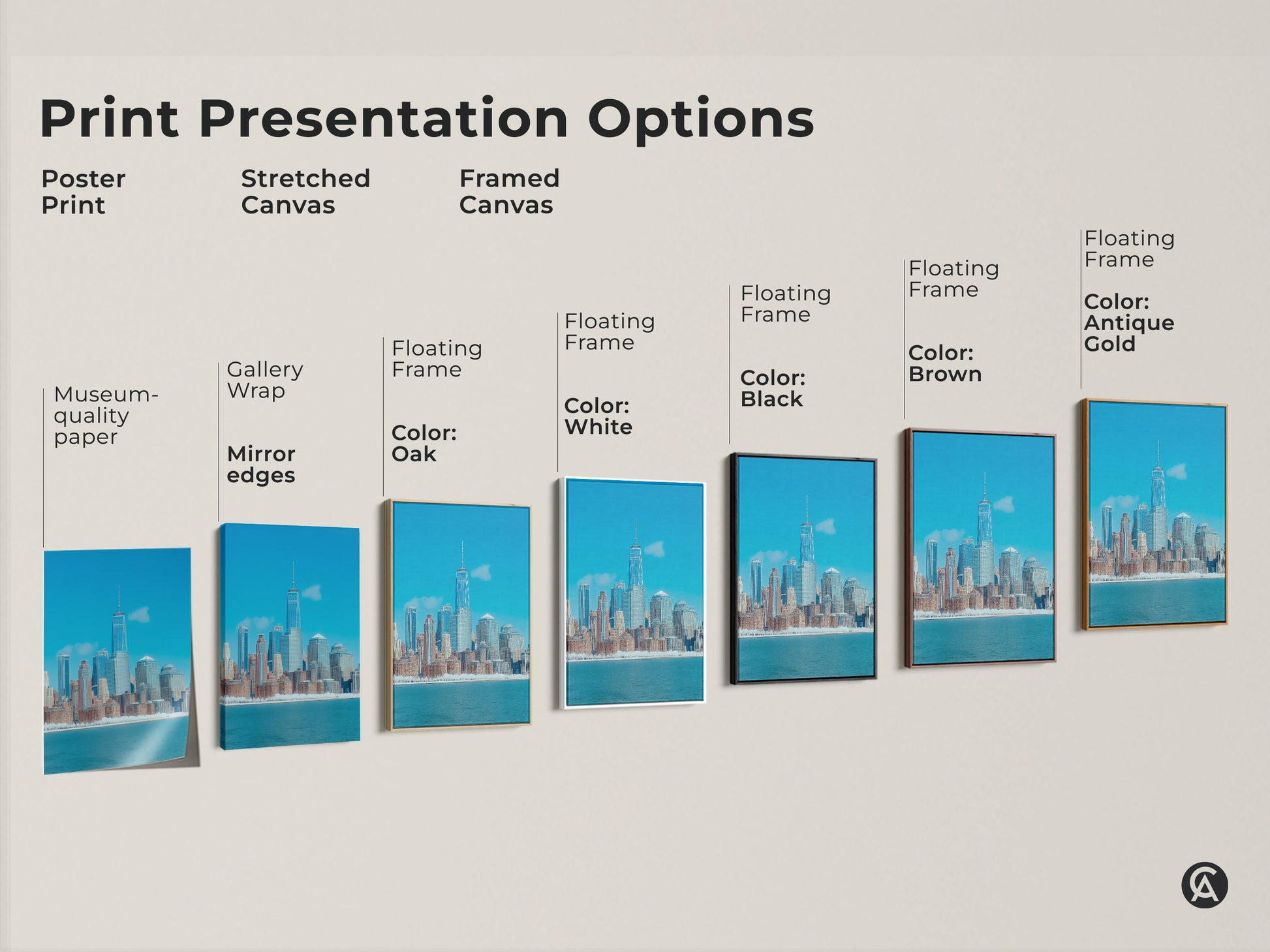 Explore print presentation options for our modern NYC skyline art. Choose from poster prints stretched canvas and framed canvas with various floating frame colors to suit your urban decor needs.