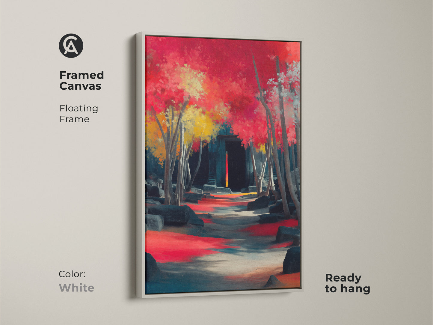 Framed canvas with a white floating frame displays nature inspired art. The crimson red and teal impressionistic pathway leads to ancient ruins. Ready to hang artwork offers a serene focal point in any room.