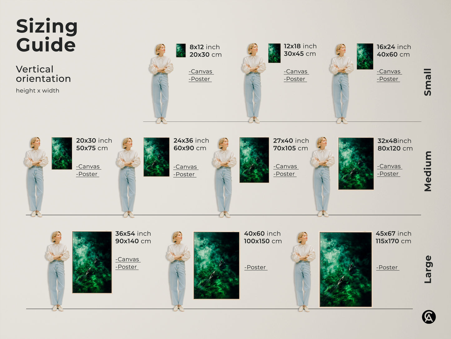 Sizing guide for vertical canoe art. Visualize canvas and poster prints in sizes from 8x12 to 45x67 inches. Find the ideal fit for any room with our detailed size chart. Transform your space with perfectly sized nature-inspired artwork.