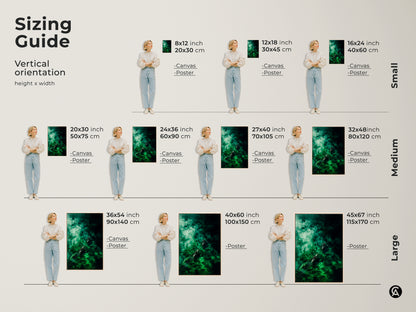 Sizing guide for vertical canoe art. Visualize canvas and poster prints in sizes from 8x12 to 45x67 inches. Find the ideal fit for any room with our detailed size chart. Transform your space with perfectly sized nature-inspired artwork.