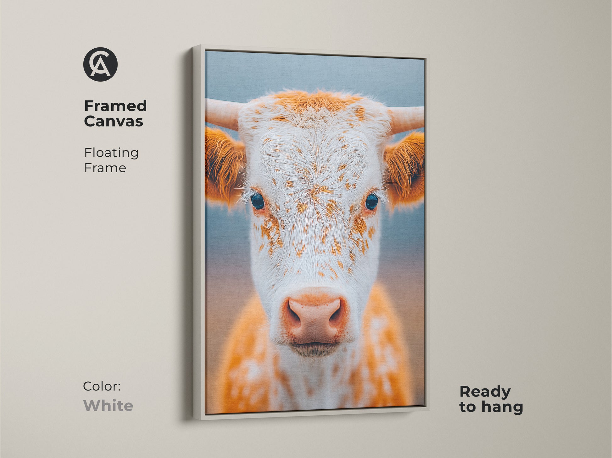 Framed canvas of a longhorn calf. The floating frame is white. The art is ready to hang. This framed art offers a polished look. The canvas will elevate your home decor.