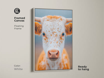 Framed canvas of a longhorn calf. The floating frame is white. The art is ready to hang. This framed art offers a polished look. The canvas will elevate your home decor.