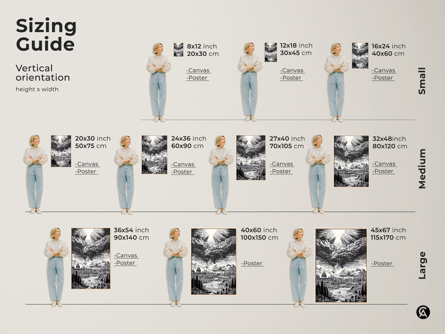 Sizing guide for vertical artwork orientation. Available sizes include 8x12 inch 20x30 cm to 45x67 inch 115x170 cm. Choose from canvas or poster prints to fit your space. Find the perfect size for your home decor. View our sizing options now.