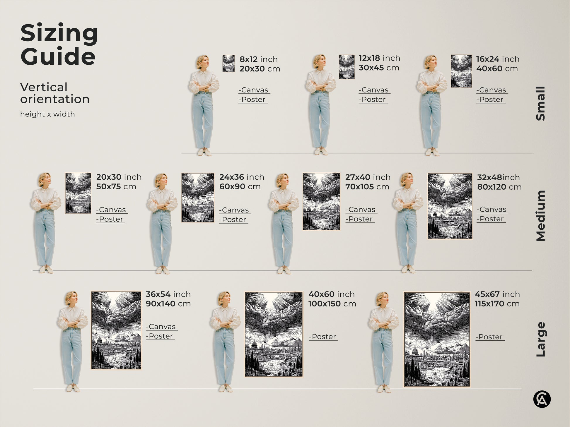 Sizing guide for vertical artwork orientation. Available sizes include 8x12 inch 20x30 cm to 45x67 inch 115x170 cm. Choose from canvas or poster prints to fit your space. Find the perfect size for your home decor. View our sizing options now.