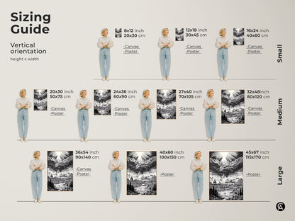 Sizing guide for vertical artwork orientation. Available sizes include 8x12 inch 20x30 cm to 45x67 inch 115x170 cm. Choose from canvas or poster prints to fit your space. Find the perfect size for your home decor. View our sizing options now.