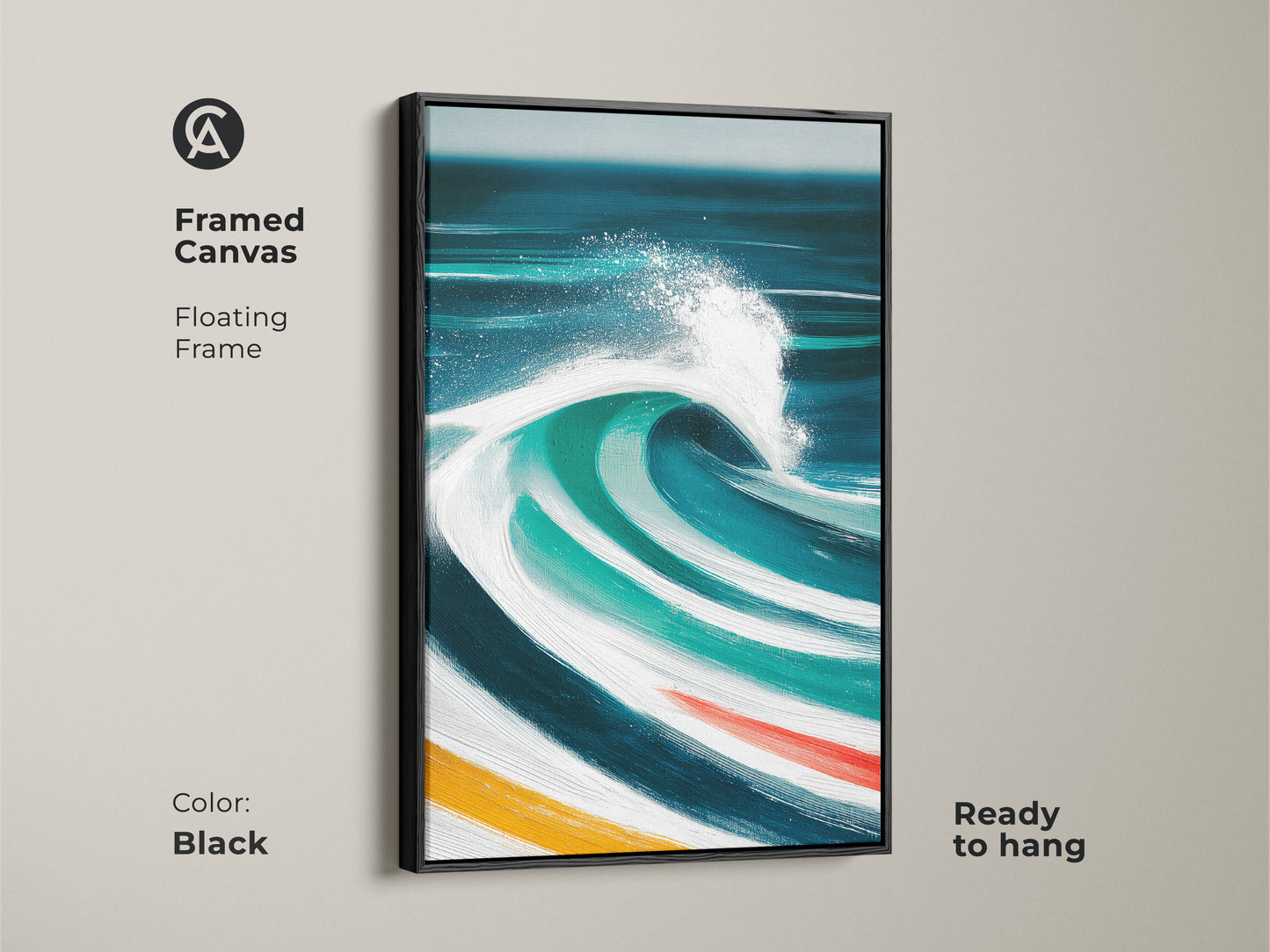 Framed canvas art with a black floating frame showcases an abstract ocean wave. Deep blue teal and turquoise colors capture the essence of coastal living. This modern artwork is ready to hang offering a sophisticated touch to a living room bedroom or any contemporary home decor.