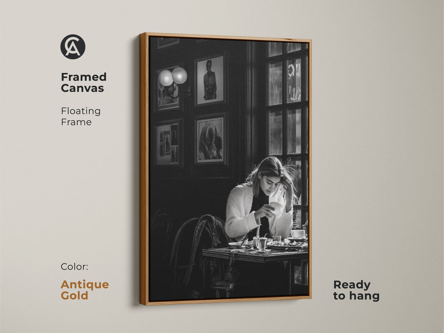 Antique gold framed canvas of a monochrome cafe scene. The contemporary black and white photojournalism style artwork features a woman with coffee. Ready to hang with a floating frame. Ideal for art collectors and those seeking a unique housewarming gift.
