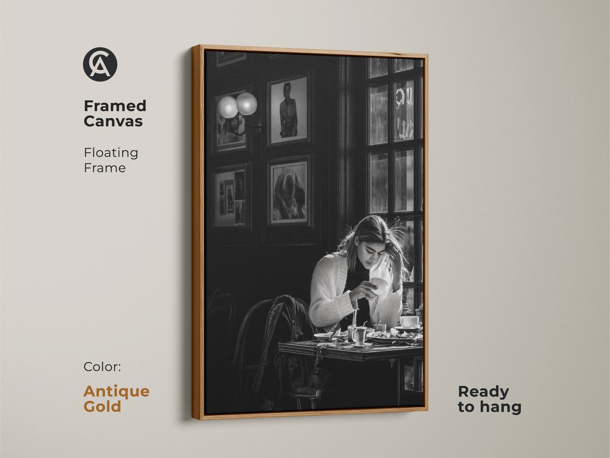 Antique gold framed canvas of a monochrome cafe scene. The contemporary black and white photojournalism style artwork features a woman with coffee. Ready to hang with a floating frame. Ideal for art collectors and those seeking a unique housewarming gift.
