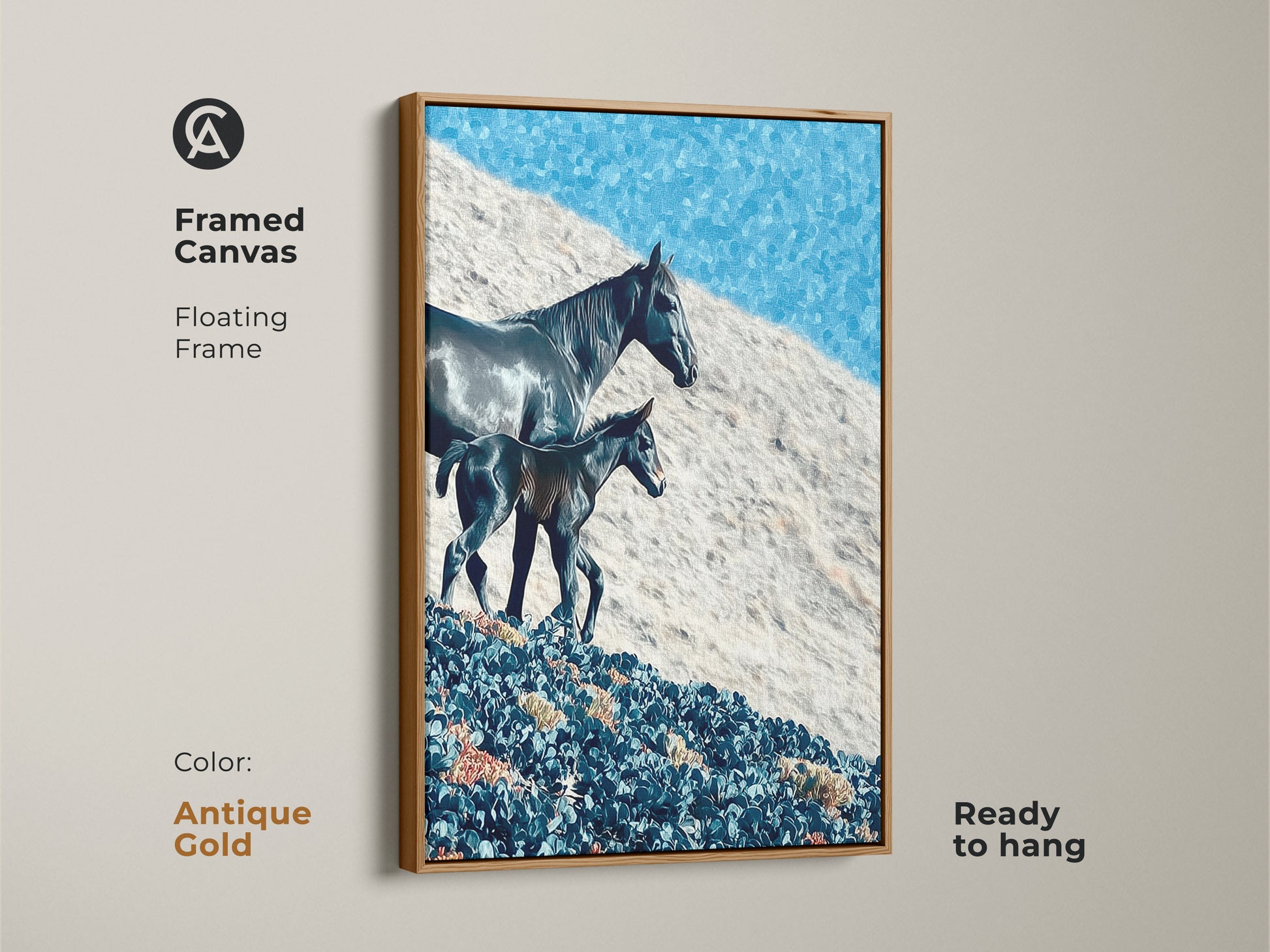 A framed canvas with floating frame displays a horse and foal. The sky blue landscape art offers rustic charm. This horse lover present is ready to hang in an antique gold frame. The frame color is antique gold.
