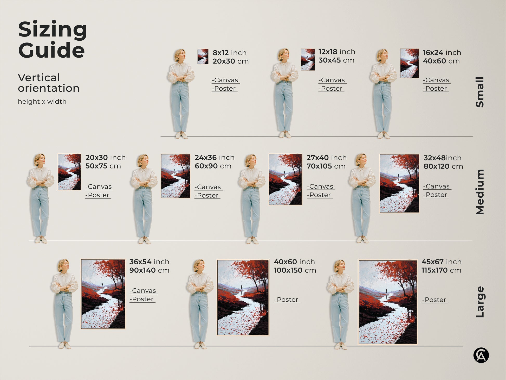 Sizing guide for contemporary landscape art. See how the red orange river canvas looks in different sizes. Visualize the lone walker wall art in your space. Available as canvas or poster.