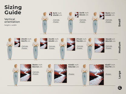 Sizing guide for contemporary landscape art. See how the red orange river canvas looks in different sizes. Visualize the lone walker wall art in your space. Available as canvas or poster.