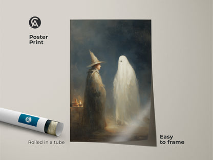 Poster print of a gothic wizard and ghost rolled in a tube. Easy to frame this supernatural fantasy art piece. The dark academia style adds a unique touch to any room. Perfect for spooky wall art or a Halloween gift.