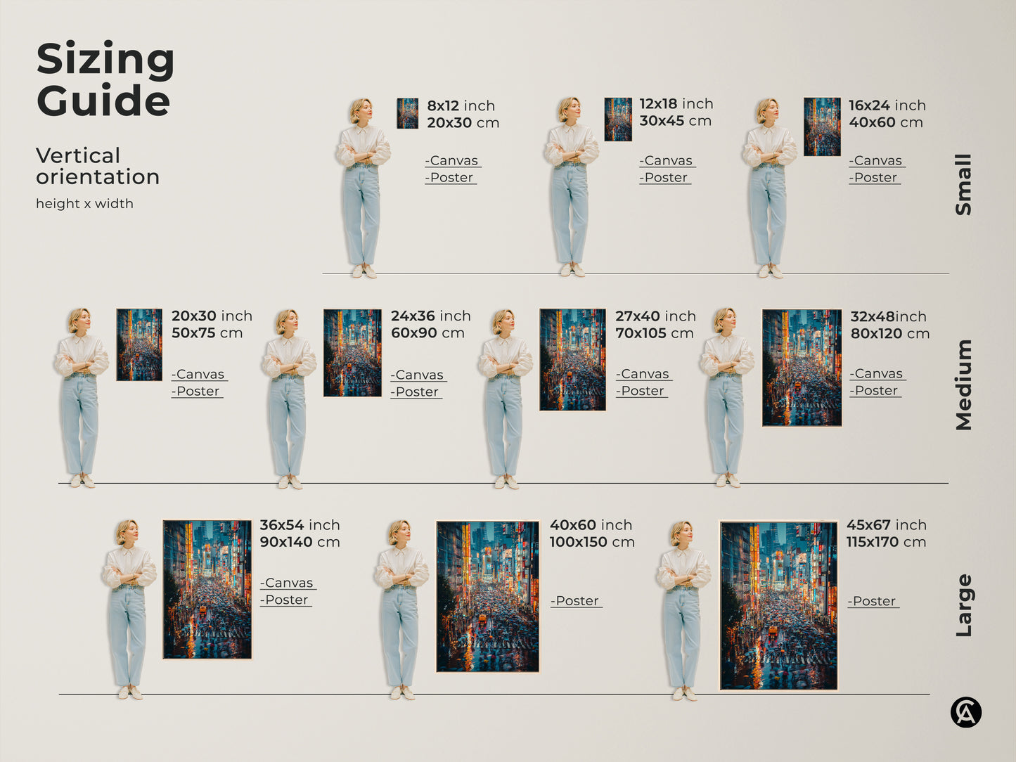 Sizing guide for Tokyo cityscape art. See how this neon lights wall art fits in various vertical spaces. Available as canvas or poster in sizes from small to large perfect as a gift for travelers.