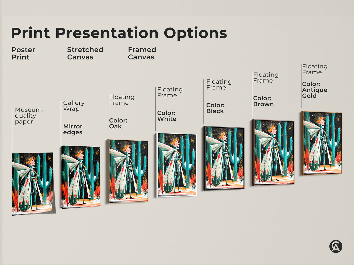 Print presentation options include a poster art print a stretched canvas and framed canvas. The featured art is a retro fantasy knight set in the desert with teal orange and green colors.