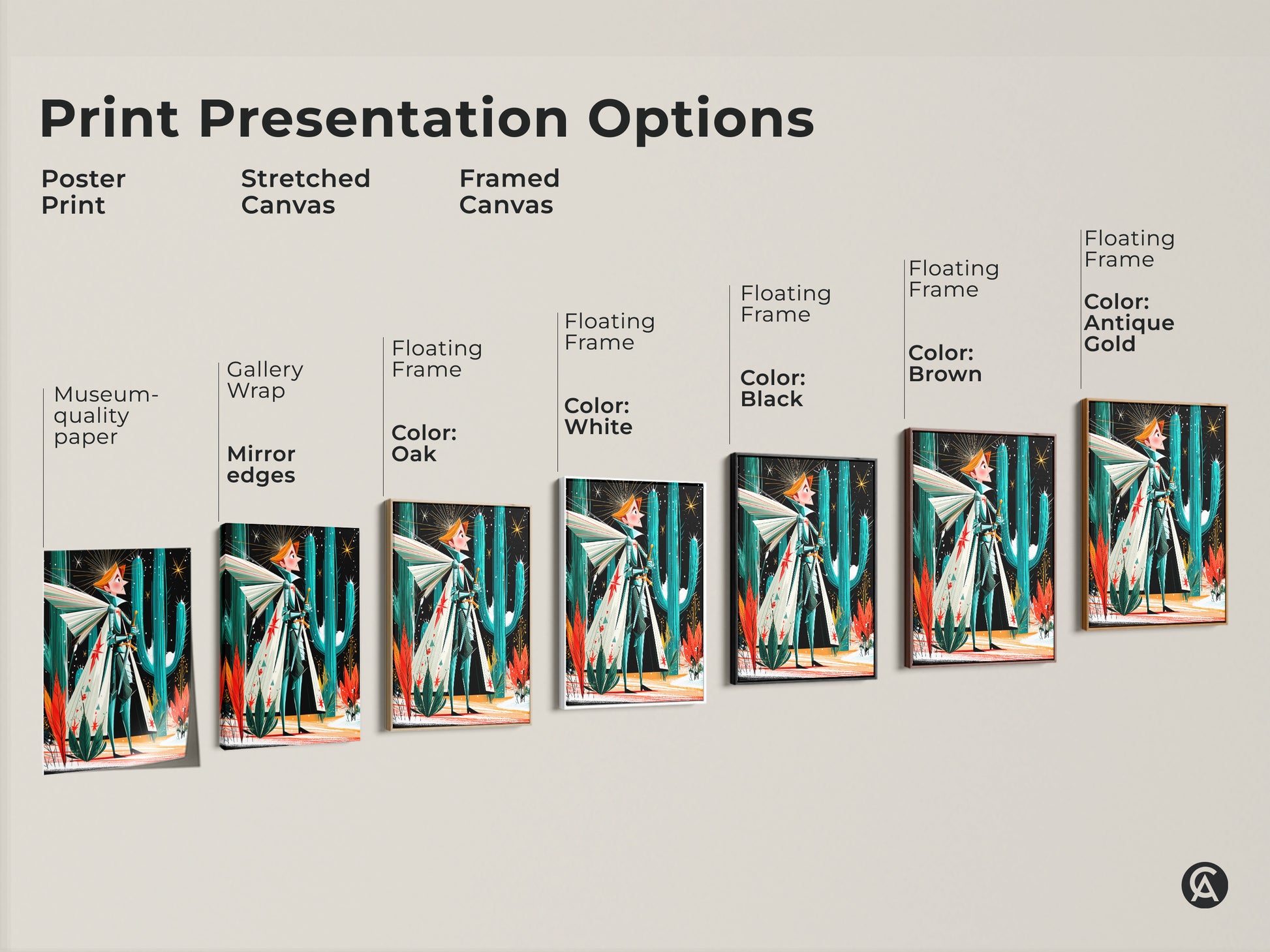 Print presentation options include a poster art print a stretched canvas and framed canvas. The featured art is a retro fantasy knight set in the desert with teal orange and green colors.