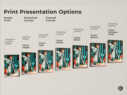 Print presentation options include a poster art print a stretched canvas and framed canvas. The featured art is a retro fantasy knight set in the desert with teal orange and green colors.