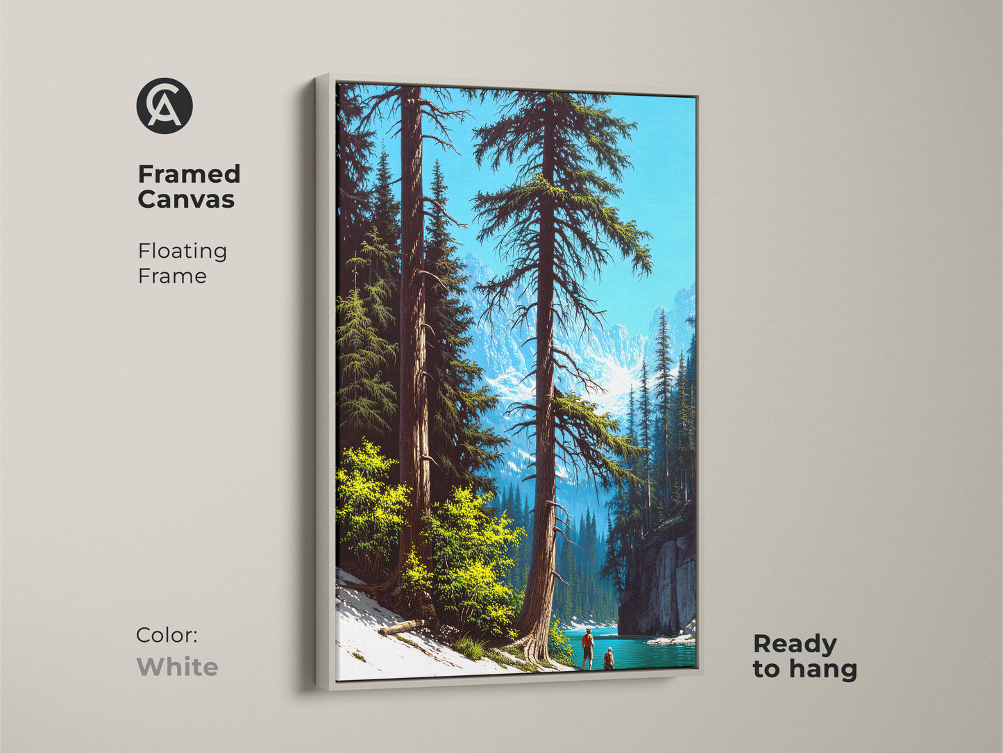 A mountain lake scene is captured in this framed canvas artwork with a white floating frame. Ready to hang pine forest wall decor brings a peaceful vibe to residential spaces. Sky blue and deep green hues make this nature landscape print serene. It's perfect for rustic decor.