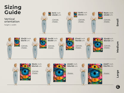 A sizing guide showcases vertical orientation options for surreal eye botanical art. Visualize small medium and large sizes with a model. See canvas and poster versions available in various dimensions for your perfect fit. Transform your space with art.