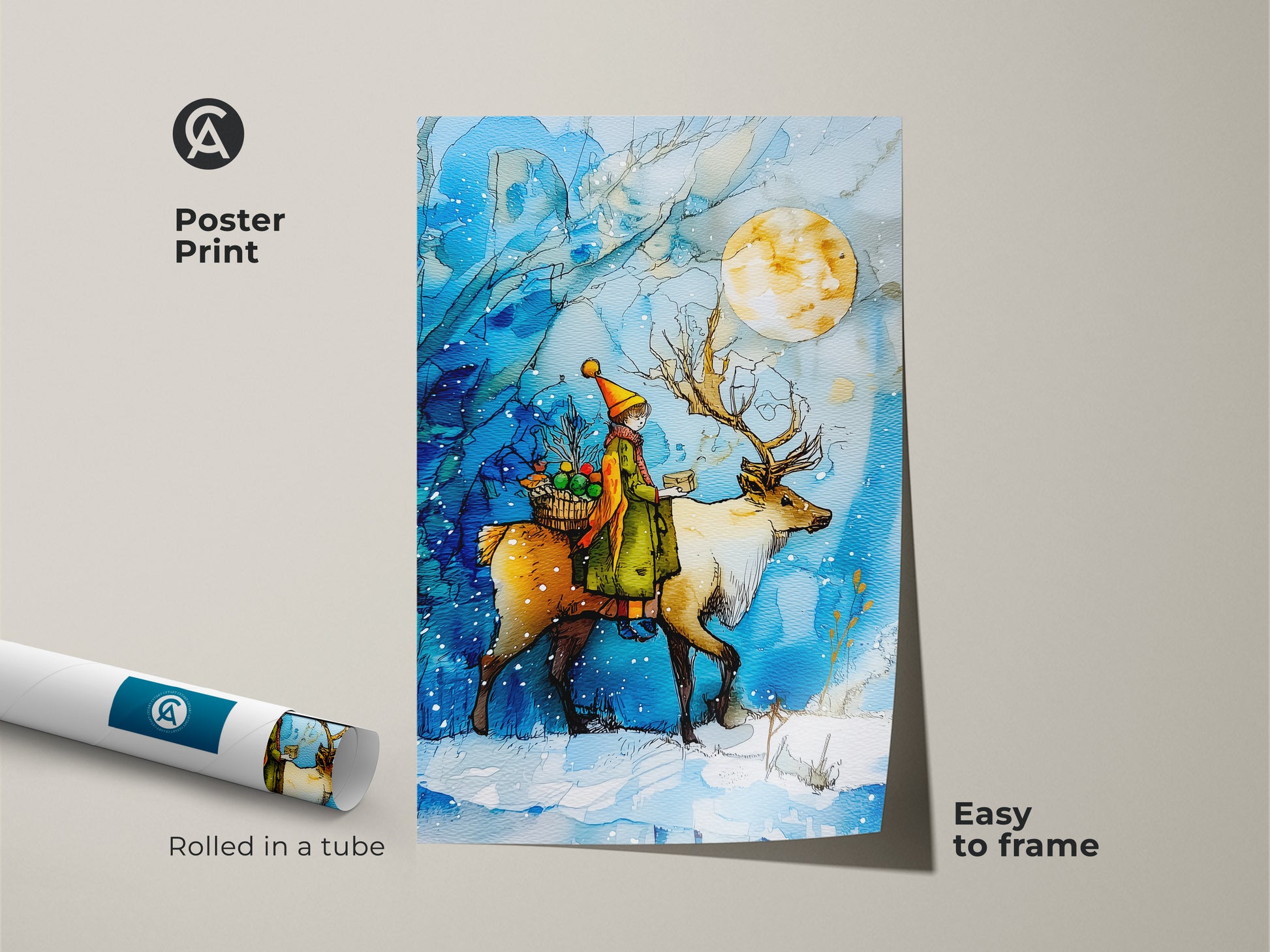 This poster print features a child on a reindeer ride beneath a full moon. The winter scene art is easy to frame and displays blue and yellow tones. The christmas nursery decor makes a festive holiday gift. Bring a magical winter scene to your walls.