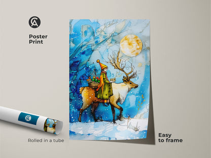 This poster print features a child on a reindeer ride beneath a full moon. The winter scene art is easy to frame and displays blue and yellow tones. The christmas nursery decor makes a festive holiday gift. Bring a magical winter scene to your walls.