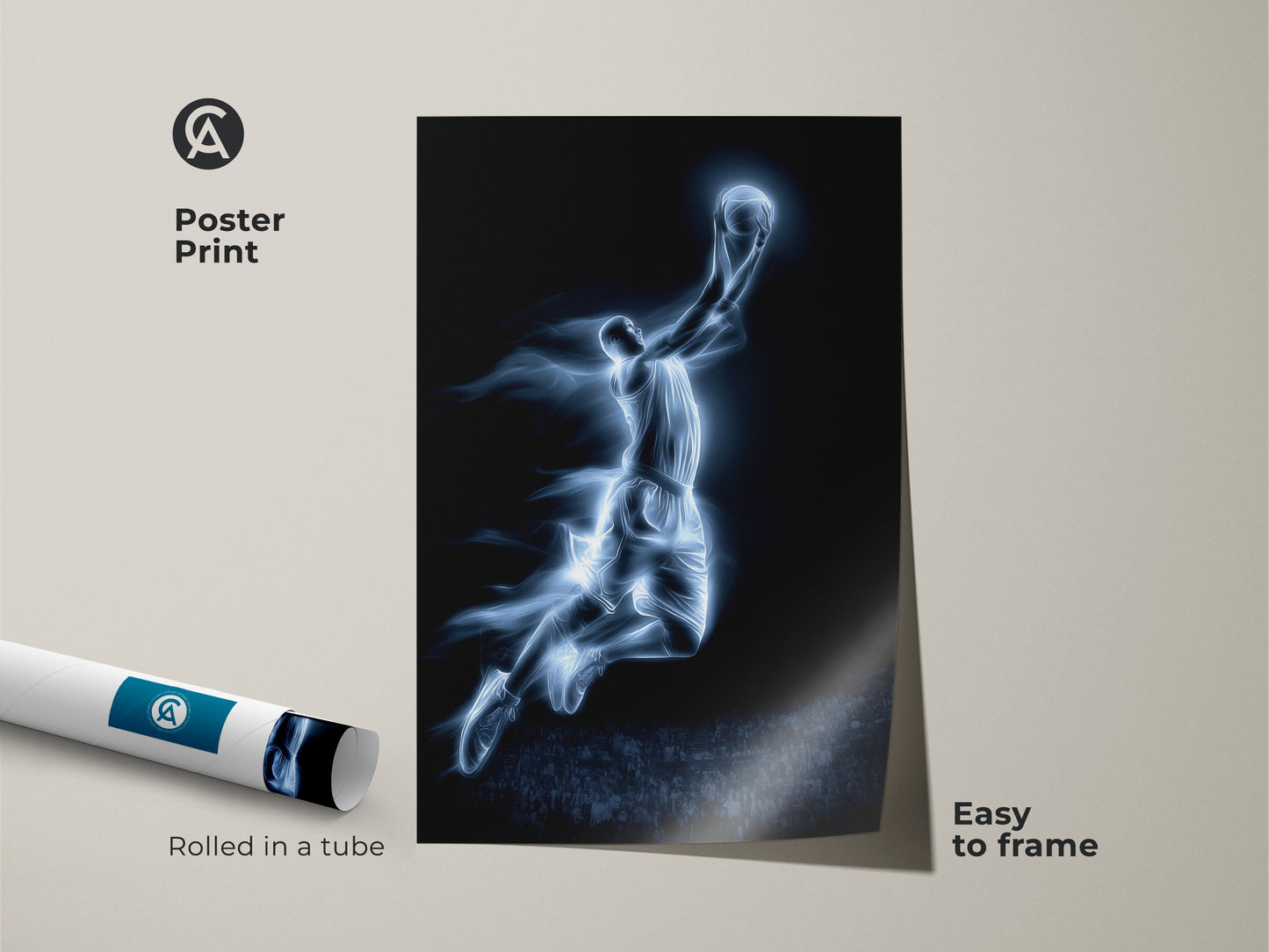Poster print of a basketball player dunking. The artwork is rolled in a tube. It is easy to frame. This sports art is perfect for any room. Purchase the poster print now