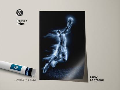 Poster print of a basketball player dunking. The artwork is rolled in a tube. It is easy to frame. This sports art is perfect for any room. Purchase the poster print now